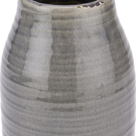 Hill Interiors Stefanie ceramic vase in grey with a curved tapered body and crackle-glazed matte finish, shown close up against a plain white background.