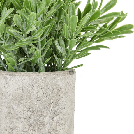 Close-up of Hill Interiors Faux Buxus Plant showing dense green layered leaves set in a textured stone effect pot against a plain white background.