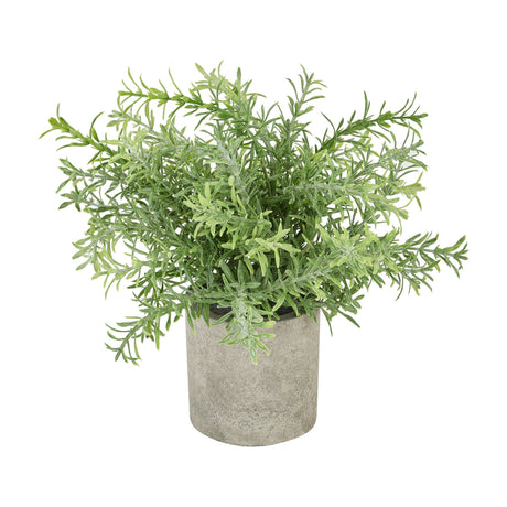 Hill Interiors Faux Rosemary Plant with slender green plastic sprigs in a round stone effect grey pot, shown on a plain white background.