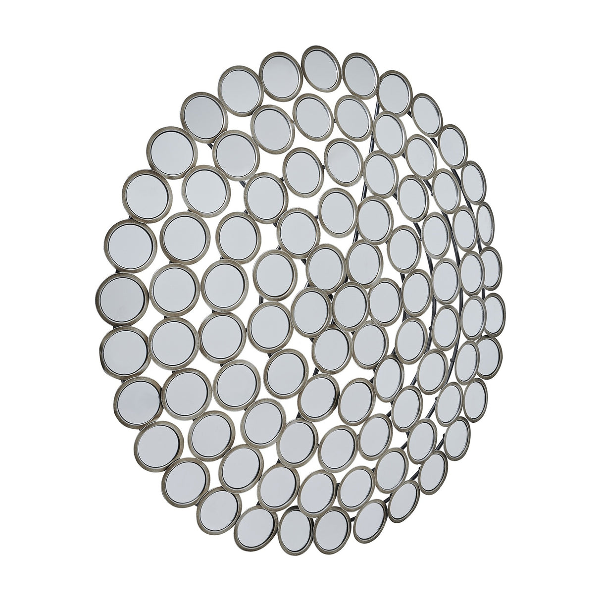 Hill Interiors large round wall mirror with clustered small circular mirrored panels in a softly aged silver metal frame, shown on a plain white background.