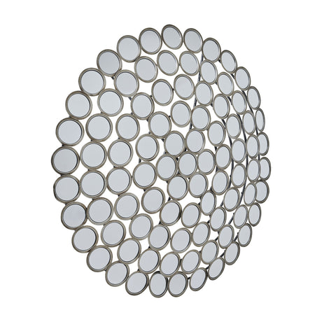 Hill Interiors large round wall mirror with clustered small circular mirrored panels in a softly aged silver metal frame, shown on a plain white background.