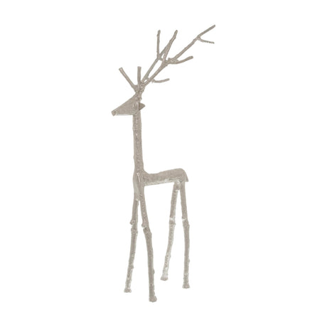 Hill Interiors Silver Standing Stag Ornament in metal with textured finish, branching antlers, and slender legs, on a plain white background.