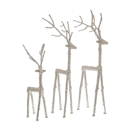 Hill Interiors Silver Standing Stag Ornaments in three graduated heights, cast in metal with branching antlers and a bright silver finish, on white.