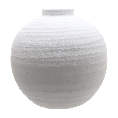 Hill Interiors Large Matt White Ceramic Vase with rounded full-bodied form, textured ridges and narrow neck, shown against a plain white background.