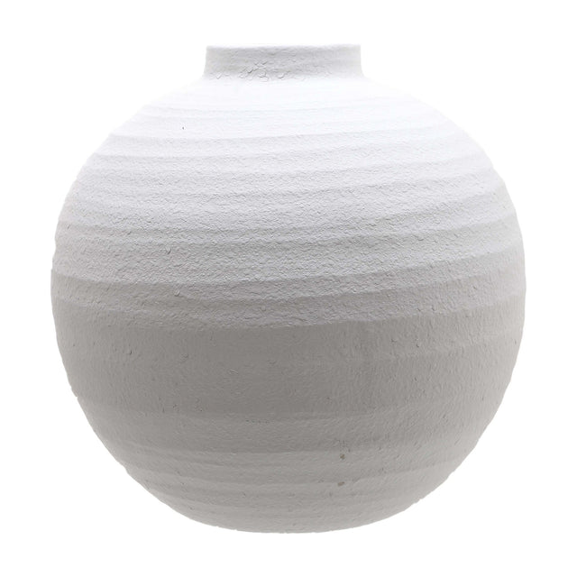 Hill Interiors Large Matt White Ceramic Vase with rounded full-bodied form, textured ridges and narrow neck, shown against a plain white background.