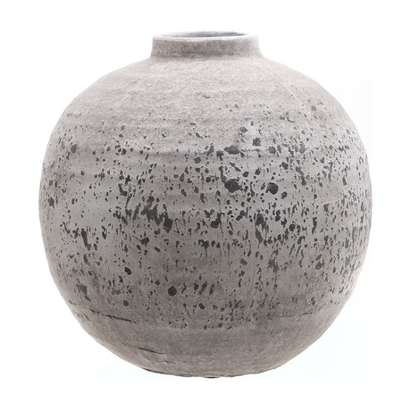 Hill Interiors Stone Ceramic Vase in beige with a rounded, full-bodied form, narrow neck and textured stone-like finish, shown on a plain white background.