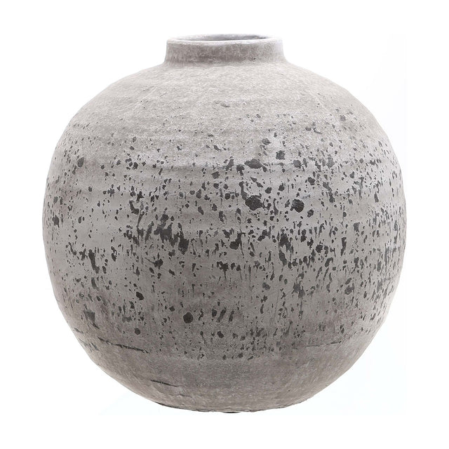 Hill Interiors Stone Ceramic Vase in beige with a rounded, full-bodied form, narrow neck and textured stone-like finish, shown on a plain white background.
