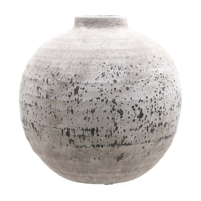 Hill Interiors Large Stone Ceramic Vase in beige with a rounded body, short neck and textured matt stone-effect finish, on a plain white background.