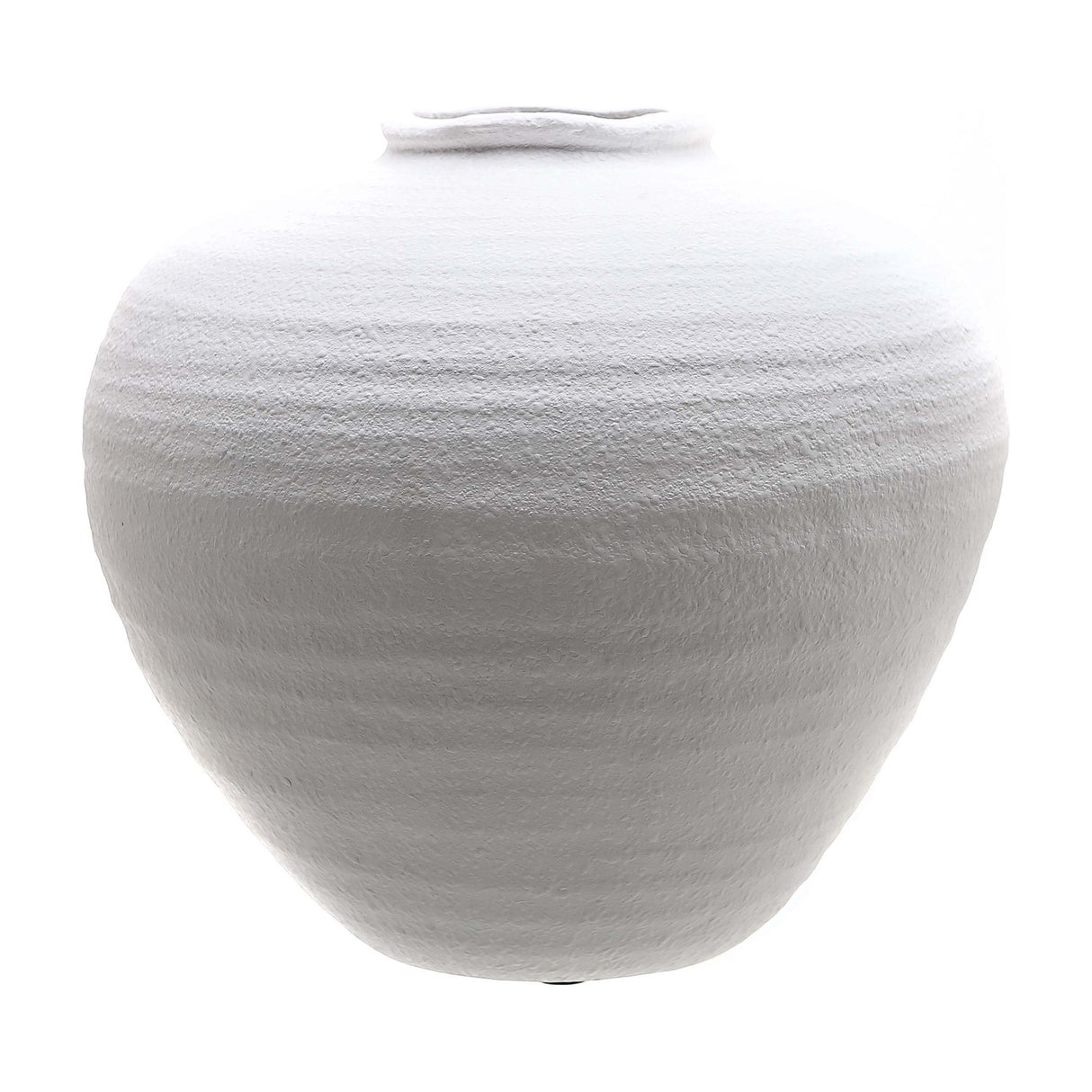 Hill Interiors matt white ceramic vase with a rounded, swelling body, short narrow neck and textured finish, shown on a plain white background.