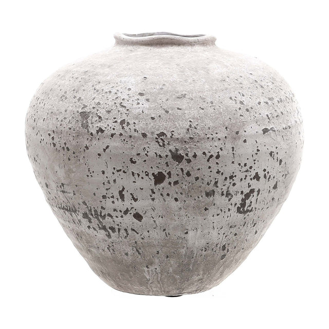 Hill Interiors Stone Ceramic Vase in beige with a rounded urn shape, narrow mouth and chalky, textured matt finish, on a plain white background.