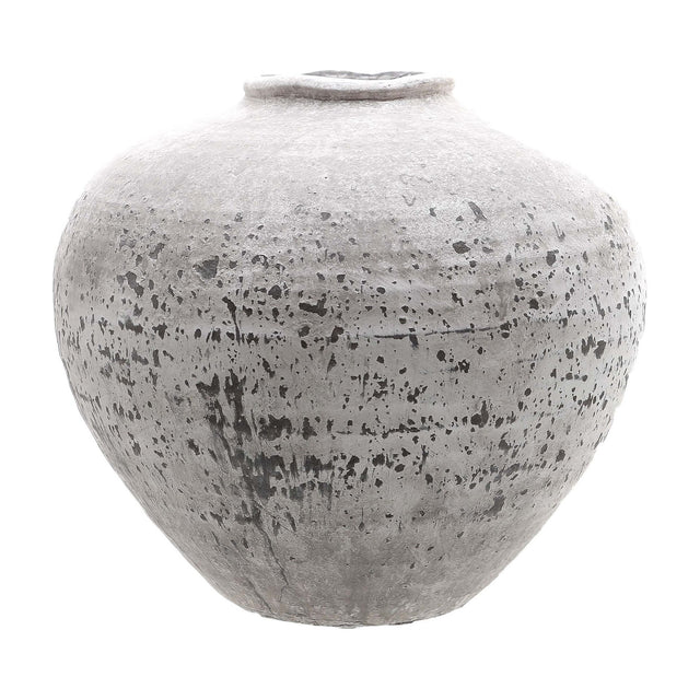 Hill Interiors Large Stone Ceramic Vase in beige with a rounded bulbous body, narrow opening and textured stone-effect finish, on a white background.