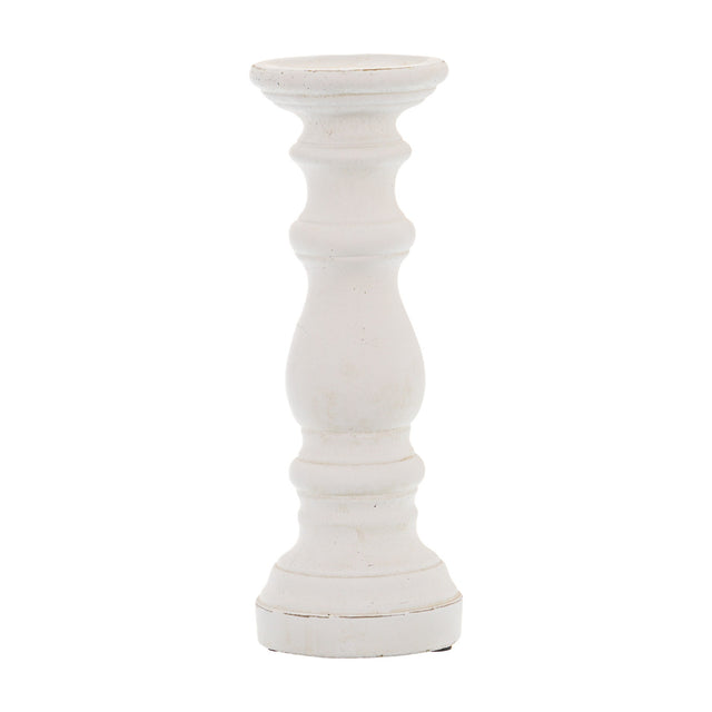 Hill Interiors small matt white ceramic column candle holder with turned pillar shape and round base, shown against a plain white background.