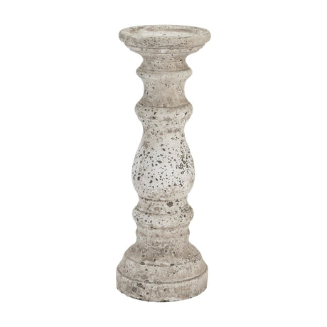 Hill Interiors large beige ceramic column candle holder with a tapered pillar form and stone-effect textured finish, shown on a plain white background.