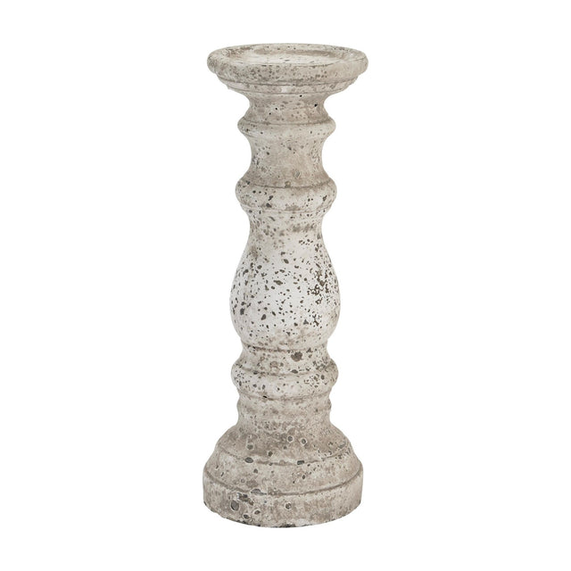 Hill Interiors large beige ceramic column candle holder with a tapered pillar form and stone-effect textured finish, shown on a plain white background.