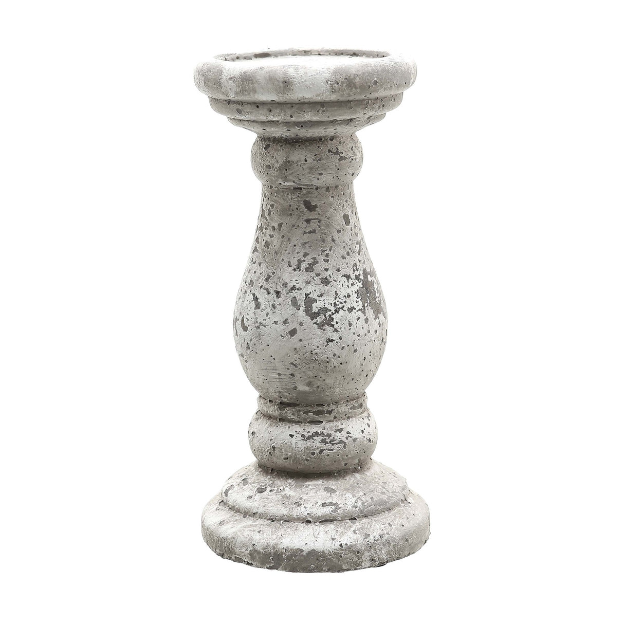Hill Interiors small stone-effect ceramic candle holder in beige, with a turned baluster shape and textured matte finish, shown on a plain white background.