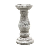 Hill Interiors small stone-effect ceramic candle holder in beige, with a turned baluster shape and textured matte finish, shown on a plain white background.