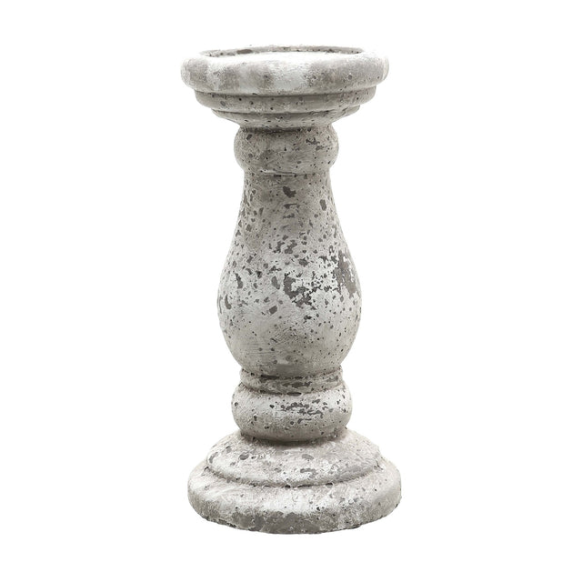 Hill Interiors small stone-effect ceramic candle holder in beige, with a turned baluster shape and textured matte finish, shown on a plain white background.