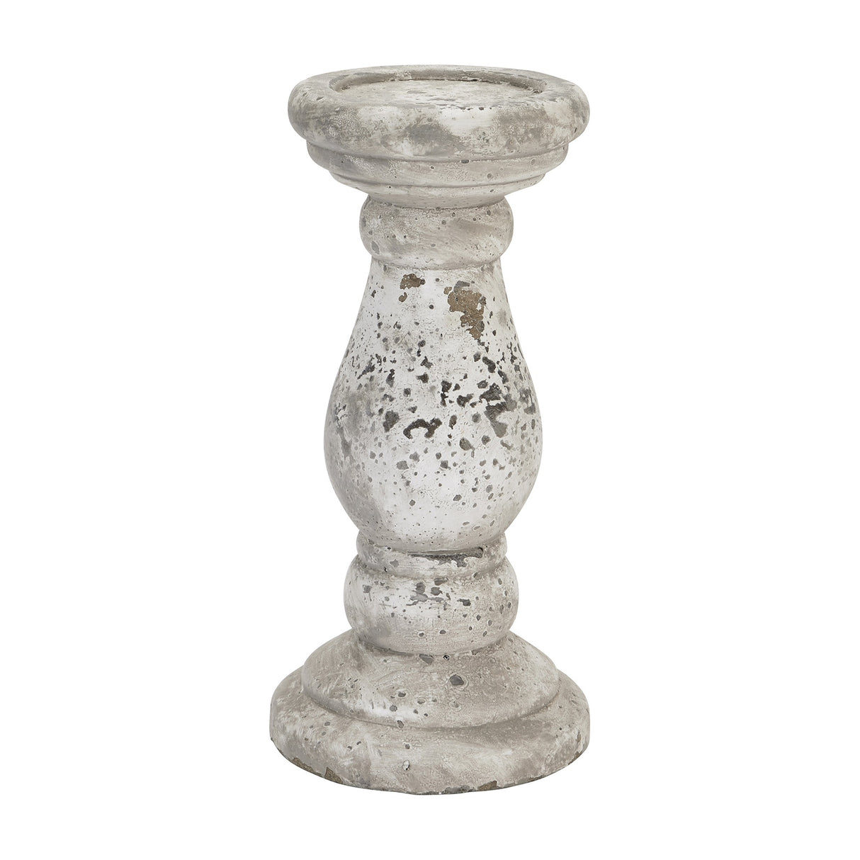 Hill Interiors Stone Ceramic Candle Holder in beige with a distressed matte finish and turned pillar shape, shown on a plain white background.
