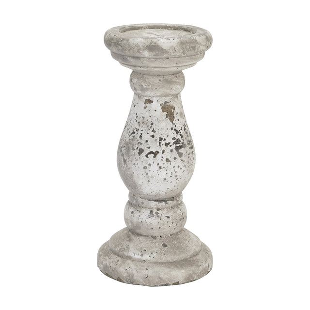 Hill Interiors Stone Ceramic Candle Holder in beige with a distressed matte finish and turned pillar shape, shown on a plain white background.