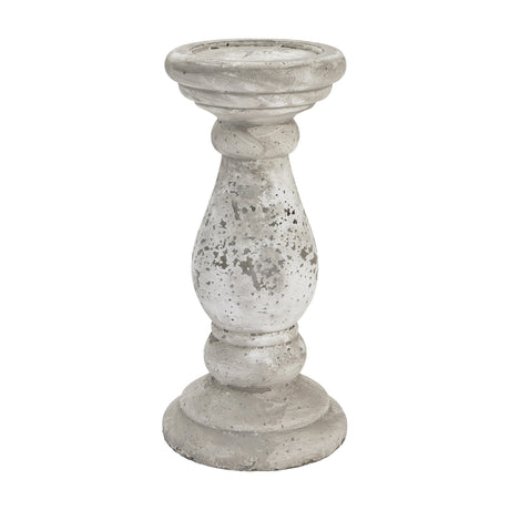 Hill Interiors Large Stone Ceramic Candle Holder in beige with a tall tapered pillar form and textured stone-effect matte finish on a white background.