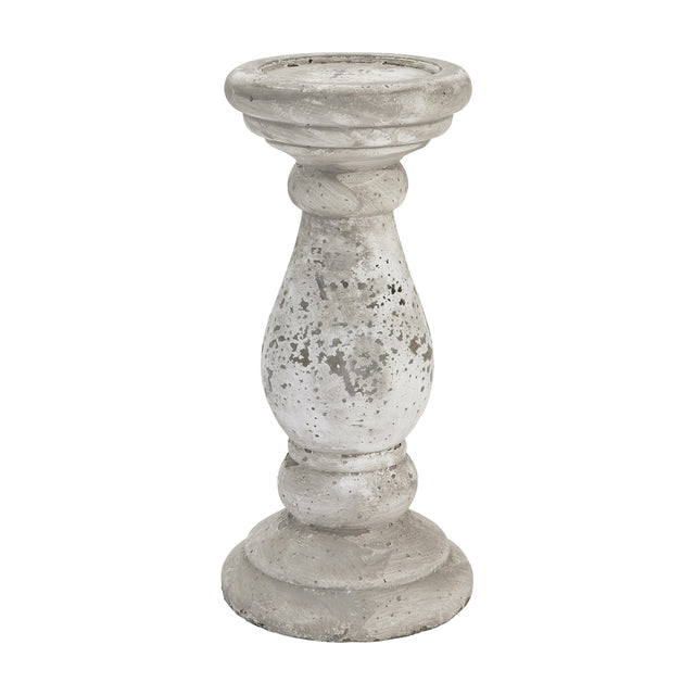 Hill Interiors Large Stone Ceramic Candle Holder in beige with a tall tapered pillar form and textured stone-effect matte finish on a white background.