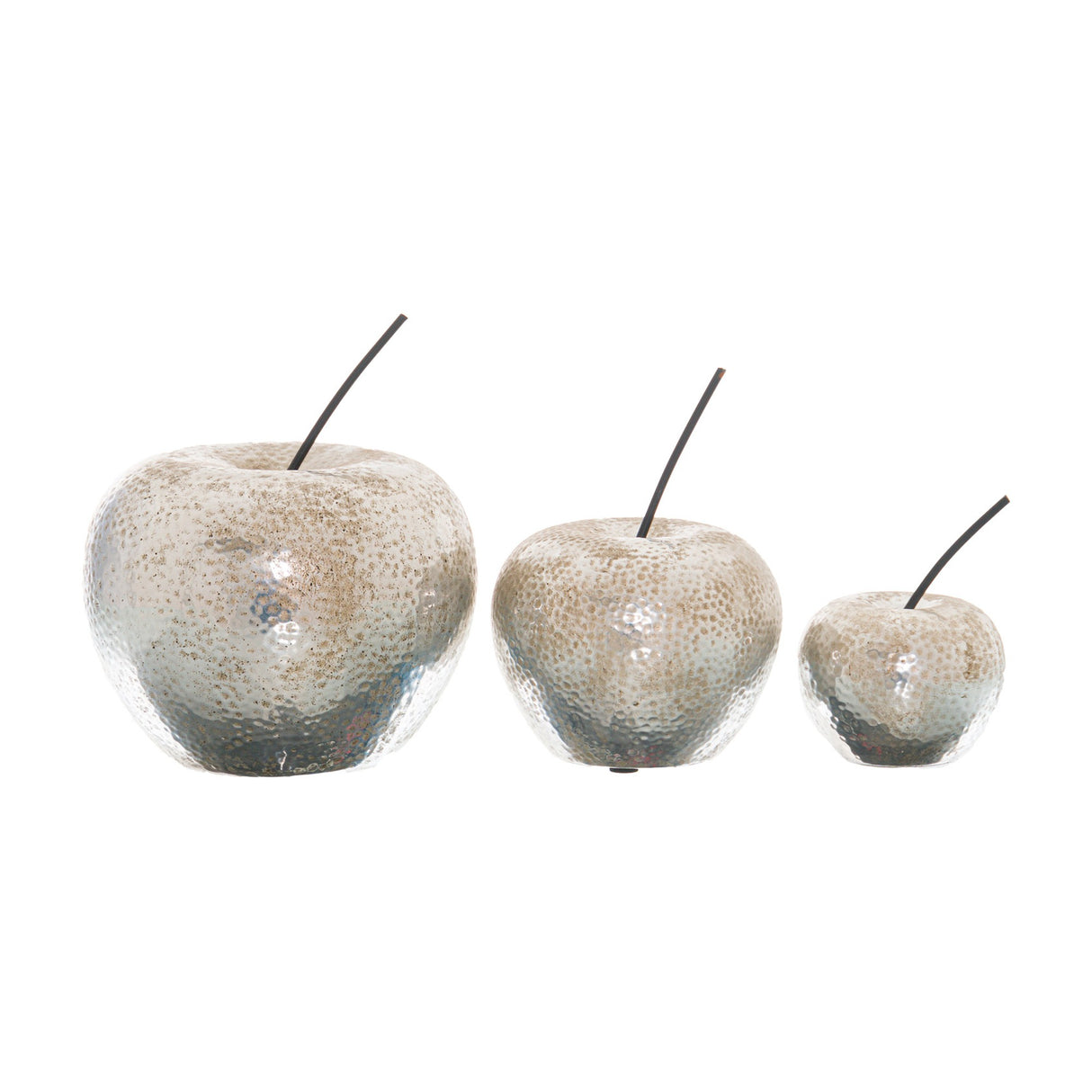 Hill Interiors ceramic apple ornaments in silver glazed finish with dark stems, shown in three sizes on a plain white background.