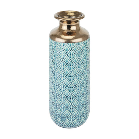 Hill Interiors Fluted Ceramic Vase 37cm with a metallic gold neck and textured teal diamond-patterned body, shown on a plain white background.