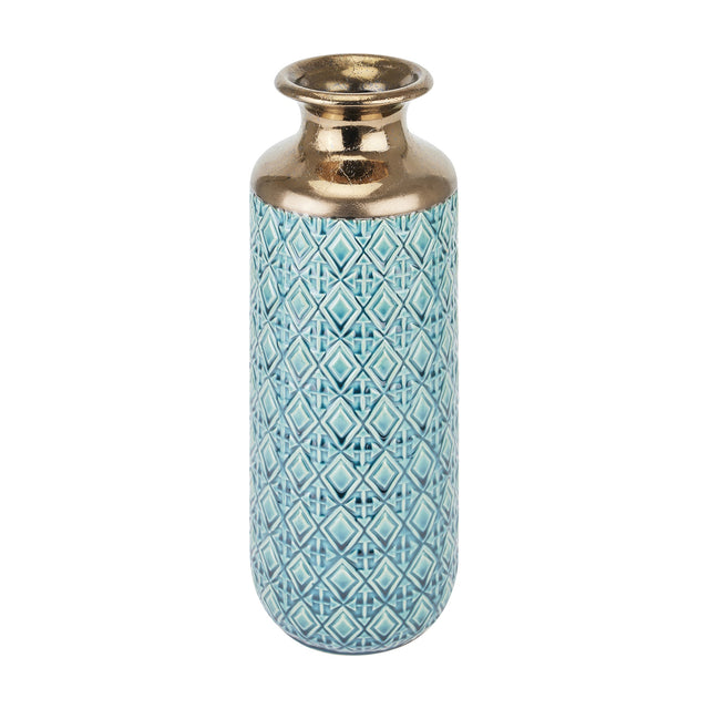 Hill Interiors Fluted Ceramic Vase 37cm with a metallic gold neck and textured teal diamond-patterned body, shown on a plain white background.