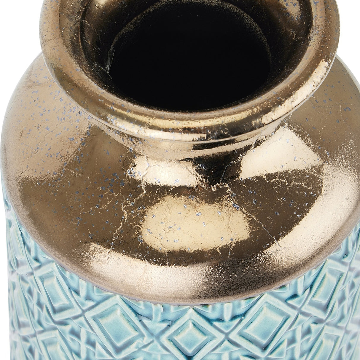 Close-up of the Hill Interiors Fluted Ceramic Vase 37cm showing the glossy bronze rim and neck above a textured pale blue diamond-patterned body.