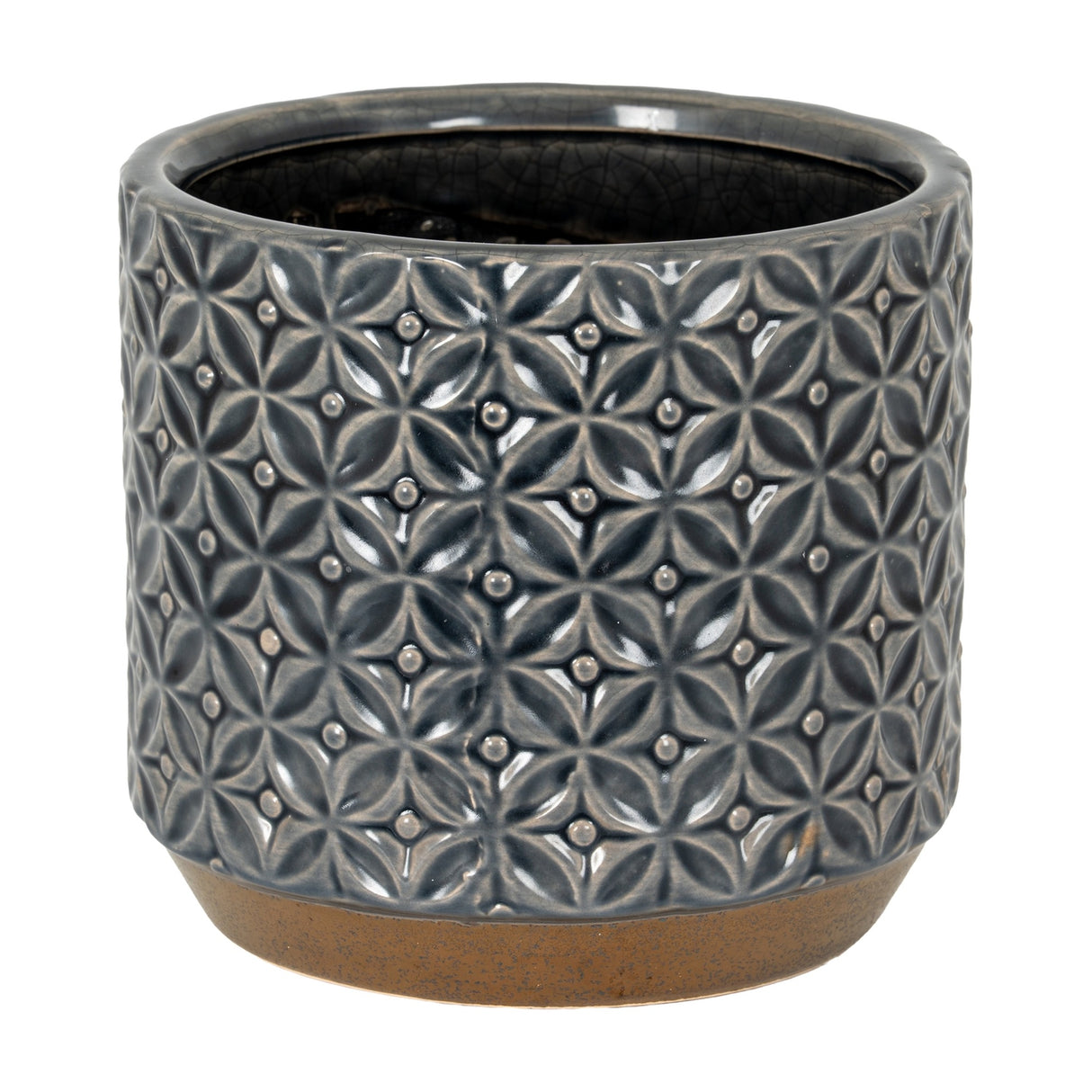 Hill Interiors 15cm ceramic planter with embossed geometric floral pattern in glossy grey, set on an unglazed natural clay base against a white background.
