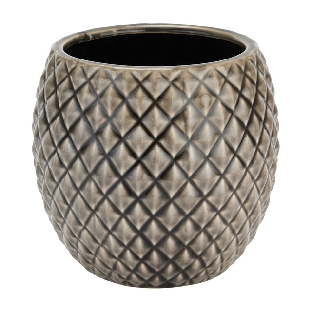 Hill Interiors Diamond Textured Ceramic Planter in grey with a raised diamond pattern and glossy glaze, rounded form, shown on a plain white background.