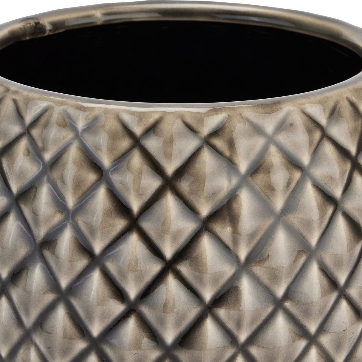 Close-up of Hill Interiors Diamond Textured Ceramic Planter in grey, showing the raised diamond pattern, glossy glaze, and dark interior.
