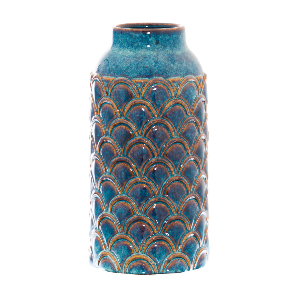 Hill Interiors Large Indigo Scalloped Ceramic Vase in deep blue with amber-toned scalloped texture and a smooth rounded neck, shown on a plain white background.
