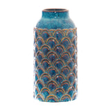 Hill Interiors Large Indigo Scalloped Ceramic Vase in deep blue with amber-toned scalloped texture and a smooth rounded neck, shown on a plain white background.