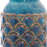 Close-up of the Hill Interiors Large Indigo Scalloped Ceramic Vase showing the deep blue glaze and textured amber-edged scalloped pattern across the body.