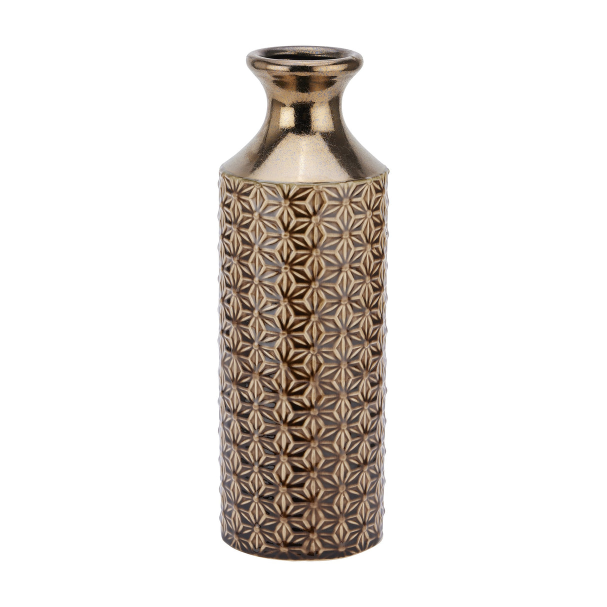 Hill Interiors Fluted Ceramic Vase 40cm in brown with a metallic glazed neck and geometric star-patterned body, shown on a plain white background.