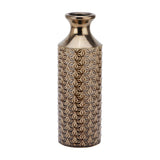 Hill Interiors Fluted Ceramic Vase 40cm in brown with a metallic glazed neck and geometric star-patterned body, shown on a plain white background.