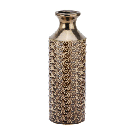 Hill Interiors Fluted Ceramic Vase 40cm in brown with a metallic glazed neck and geometric star-patterned body, shown on a plain white background.