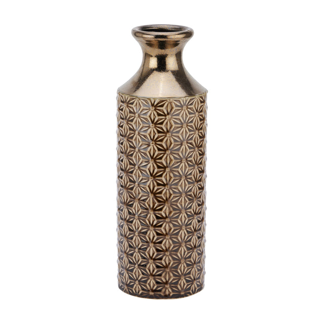 Hill Interiors Fluted Ceramic Vase 40cm in brown with a metallic glazed neck and geometric star-patterned body, shown on a plain white background.
