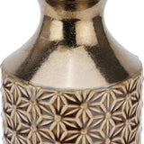 Close-up of Hill Interiors Fluted Ceramic Vase 40cm in brown, showing the glossy tapered neck above a geometric floral-patterned body in caramel tones.