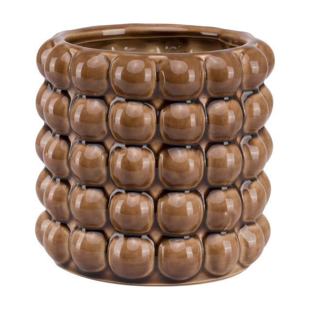 Hill Interiors Bubble Ceramic Planter in warm caramel brown with glossy raised bubble texture and rounded form, shown against a plain white background.