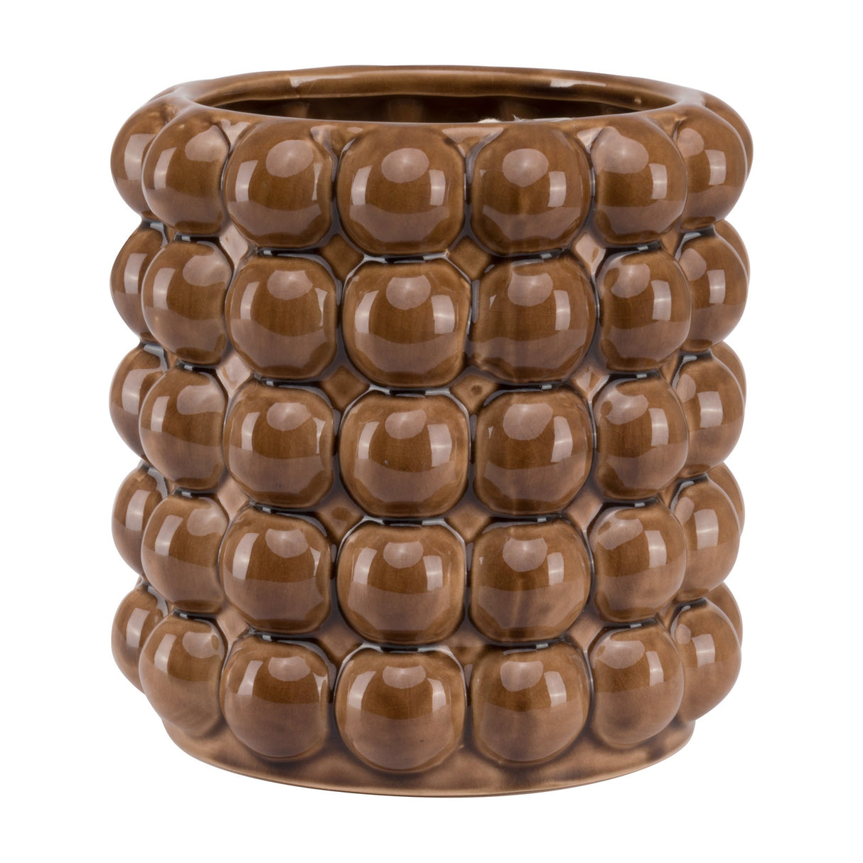 Hill Interiors Large Ceramic Bubble Planter in caramel brown, showing five rows of glossy rounded bubbles and a wide opening, on a white background.