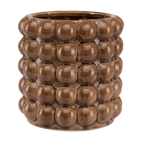 Hill Interiors Large Ceramic Bubble Planter in caramel brown, showing five rows of glossy rounded bubbles and a wide opening, on a white background.