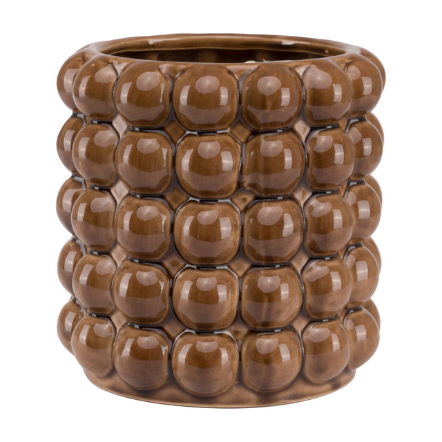 Hill Interiors Large Ceramic Bubble Planter in caramel brown, showing five rows of glossy rounded bubbles and a wide opening, on a white background.