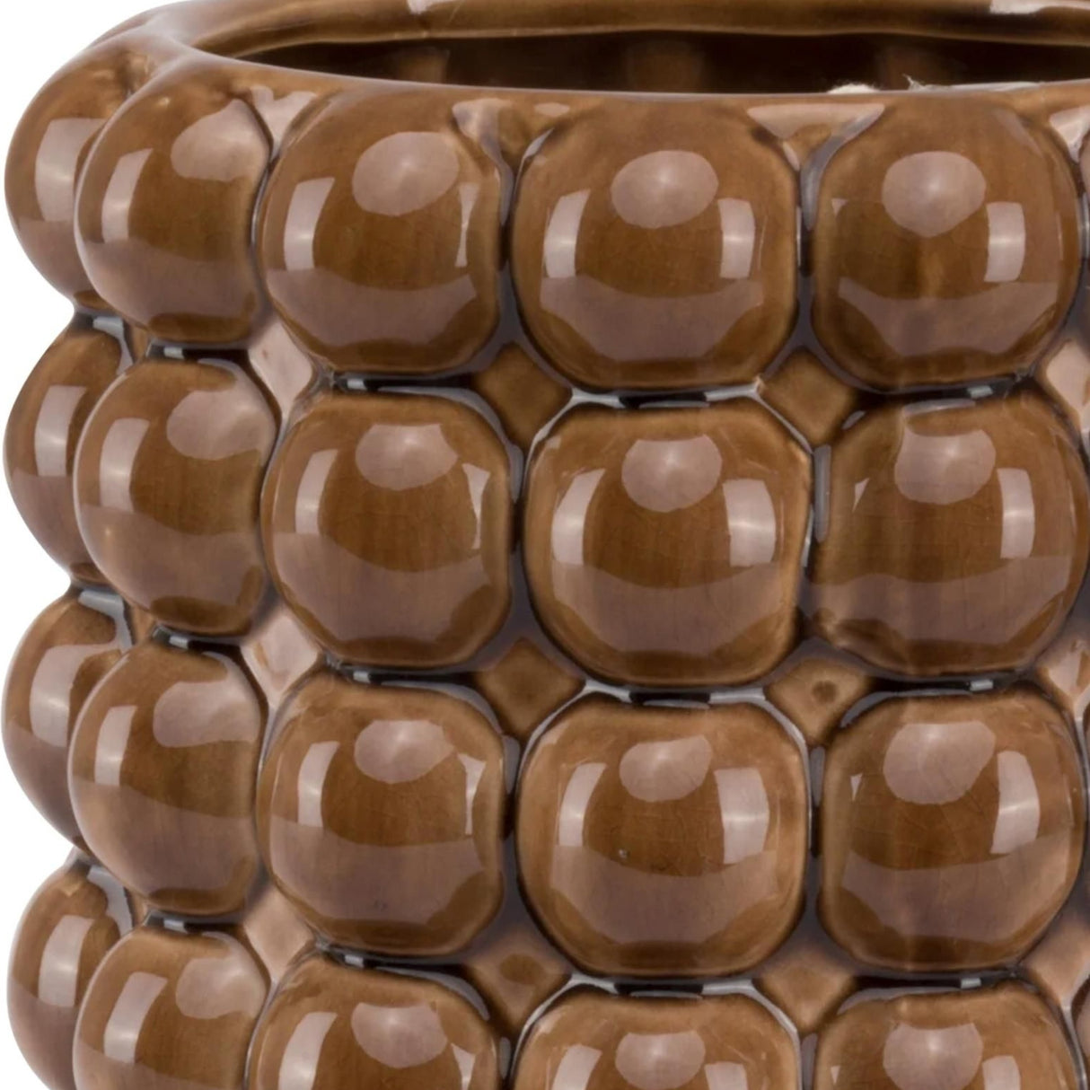 Close-up of Hill Interiors Large Ceramic Bubble Planter in caramel brown, showing the glossy glazed surface and rows of rounded bubble texture.