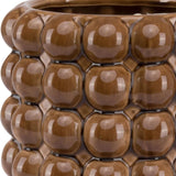 Close-up of Hill Interiors Large Ceramic Bubble Planter in caramel brown, showing the glossy glazed surface and rows of rounded bubble texture.