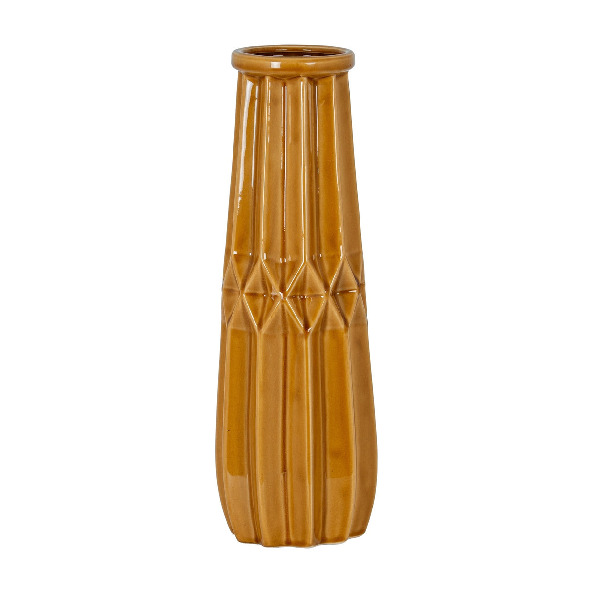 Tall ochre ceramic vase by Hill Interiors with a tapered form, narrow neck, and faceted diamond-textured body, shown on a plain white background.