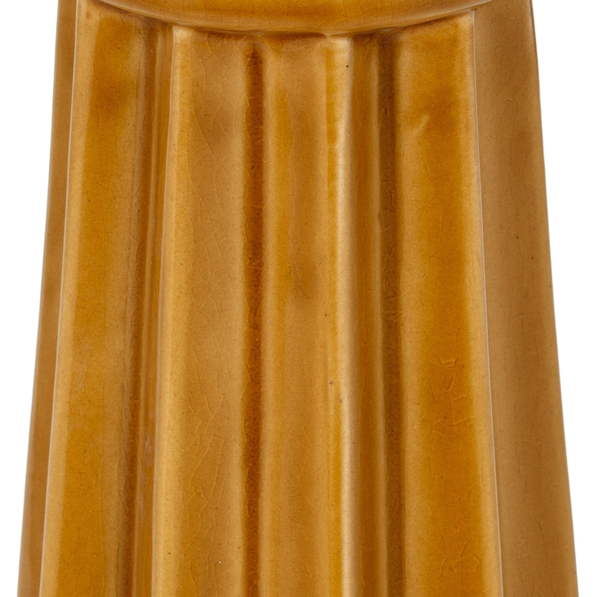 Close-up of the Hill Interiors Tall Ceramic Vase in ochre yellow, showing the fluted tapering body and subtle tonal shifts across the glazed surface.