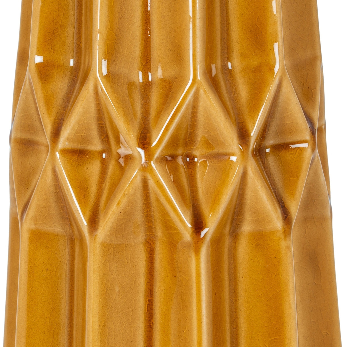 Close-up of the Hill Interiors Tall Ceramic Vase in ochre, showing the glossy glazed surface with raised diamond relief pattern and subtle tonal shifts.