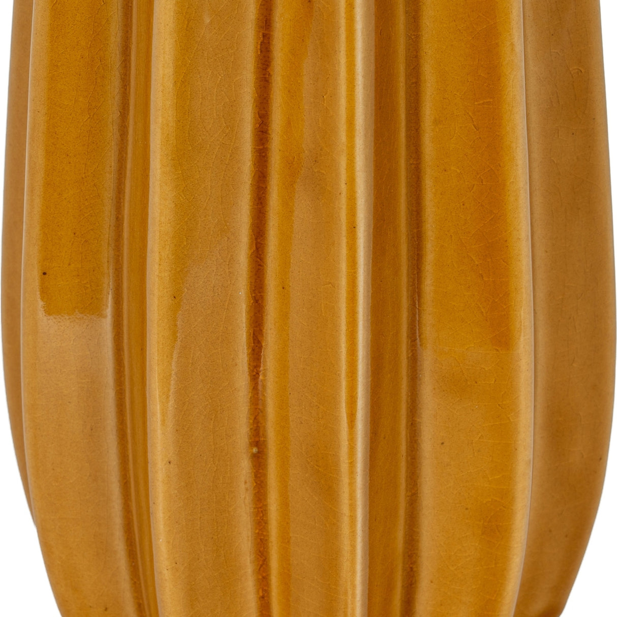 Close-up of the Hill Interiors Tall Ceramic Vase in ochre, showing the ribbed glazed surface with subtle tonal shifts and fine crackle detail.